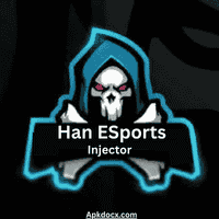 Icon of Han ESports Injector showcasing features like free MLBB skins, recall effects, backgrounds, and anti-ban protection.