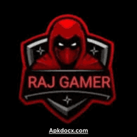 Raj Gamer logo featuring a hooded figure with a red cloak, black mask, and bold 'RAJ GAMER' text on a shield emblem.