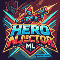 Hero Injector ML APK logo shows a video game logo with text and a cartoon character holding a gun
