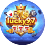Lucky 97 logo featuring a crown, dice, poker cards, slot machine symbols, and gold coins on a blue background.