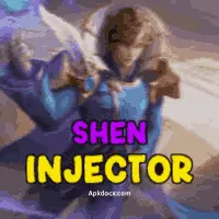 Shen Injector app interface showing free hero skins, drone view options, and customization features for Mobile Legends Bang Bang.